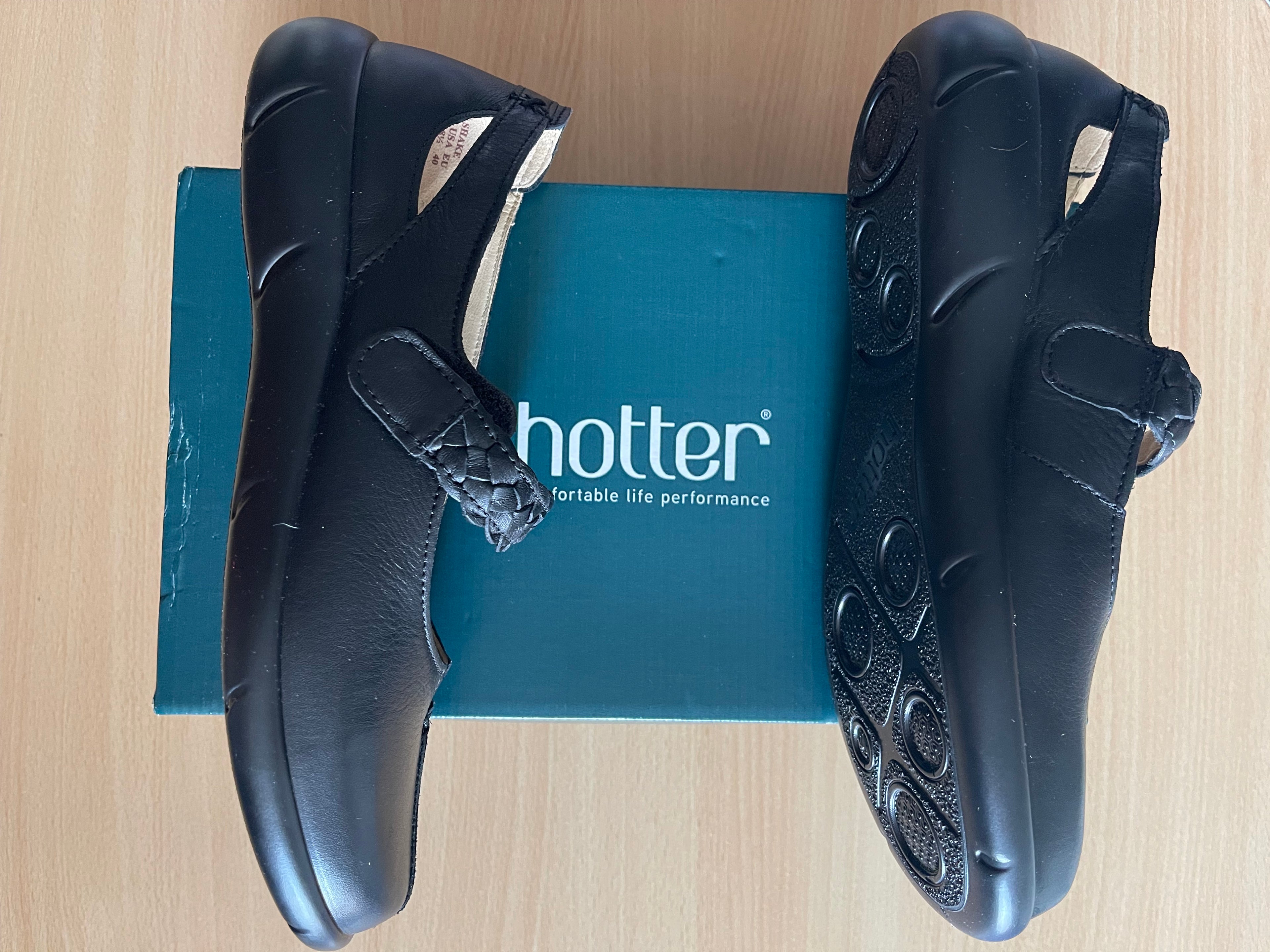 Hotter Shake Black Leather Mary Jane Shoes Size UK 6.5 Wide Fit – New