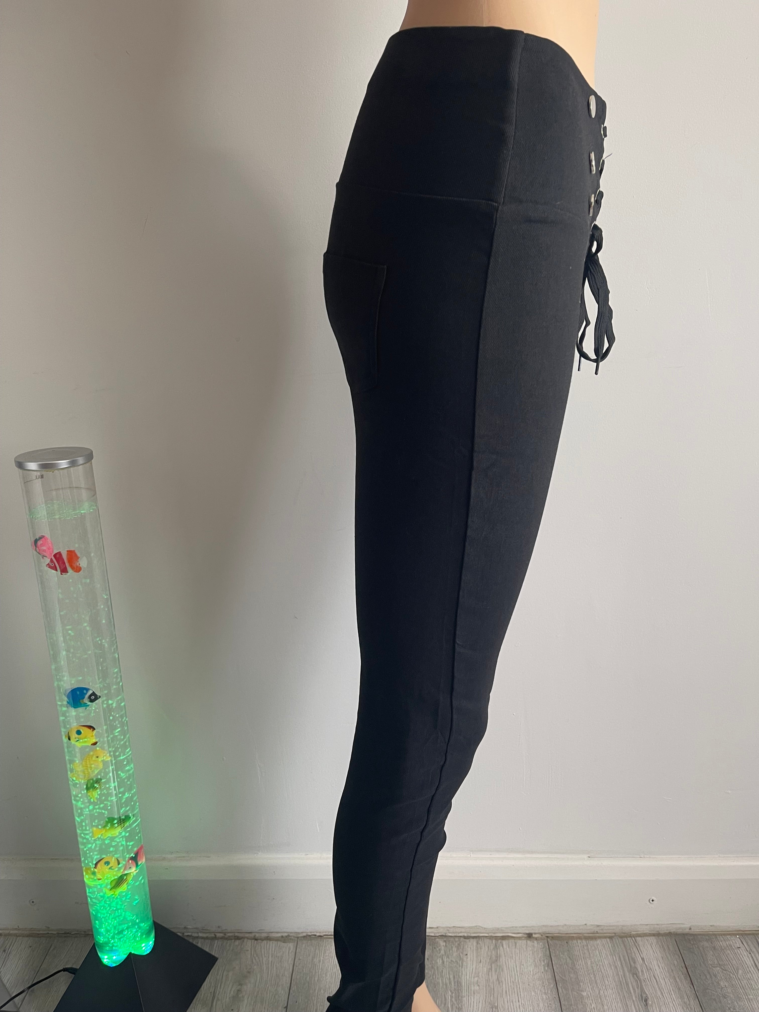 Women's Black High Waist Lace-Up Skinny Trousers – XL/XXL