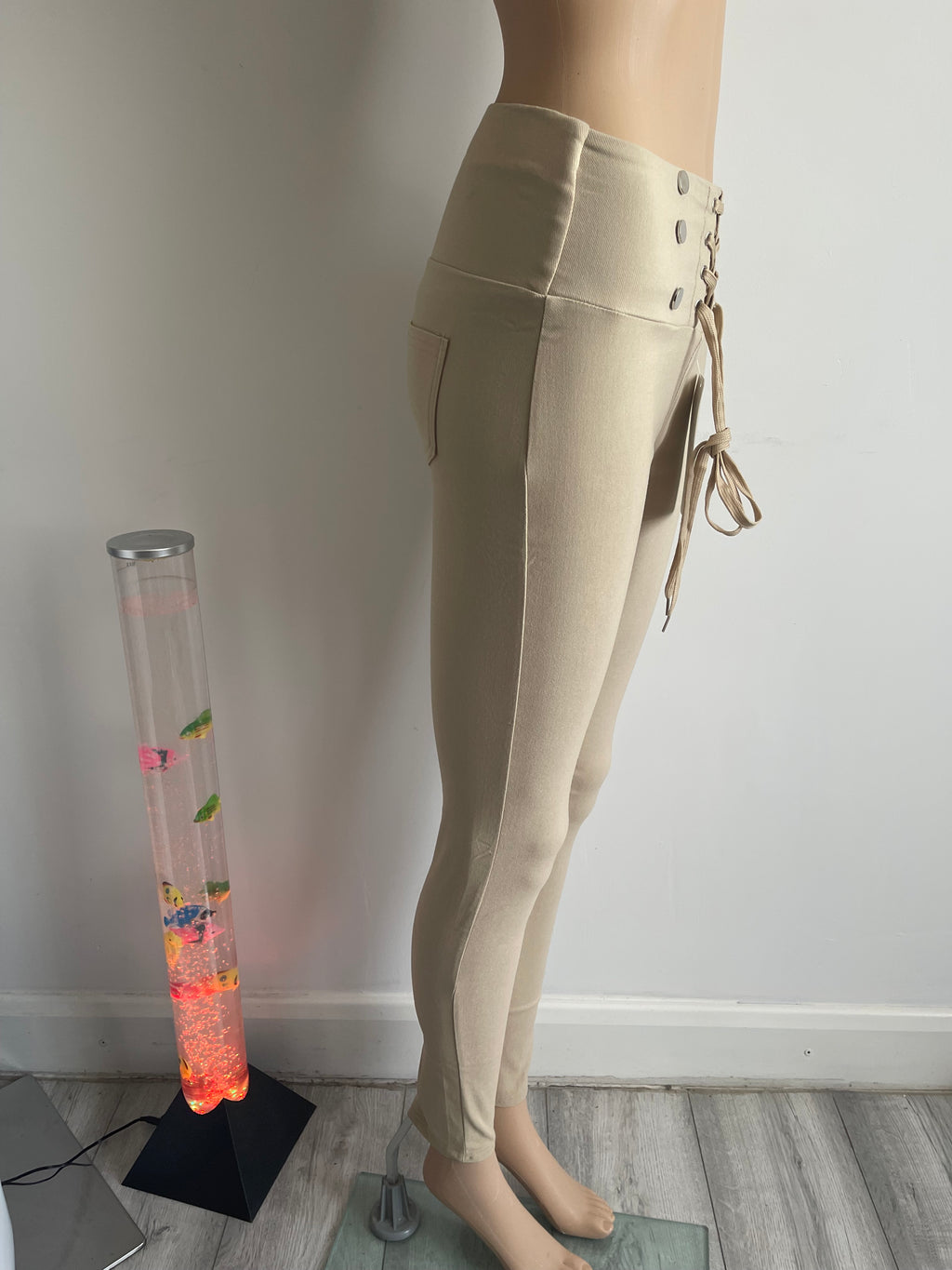 Women's Beige High Waist Lace-Up Trousers – Size S/M
