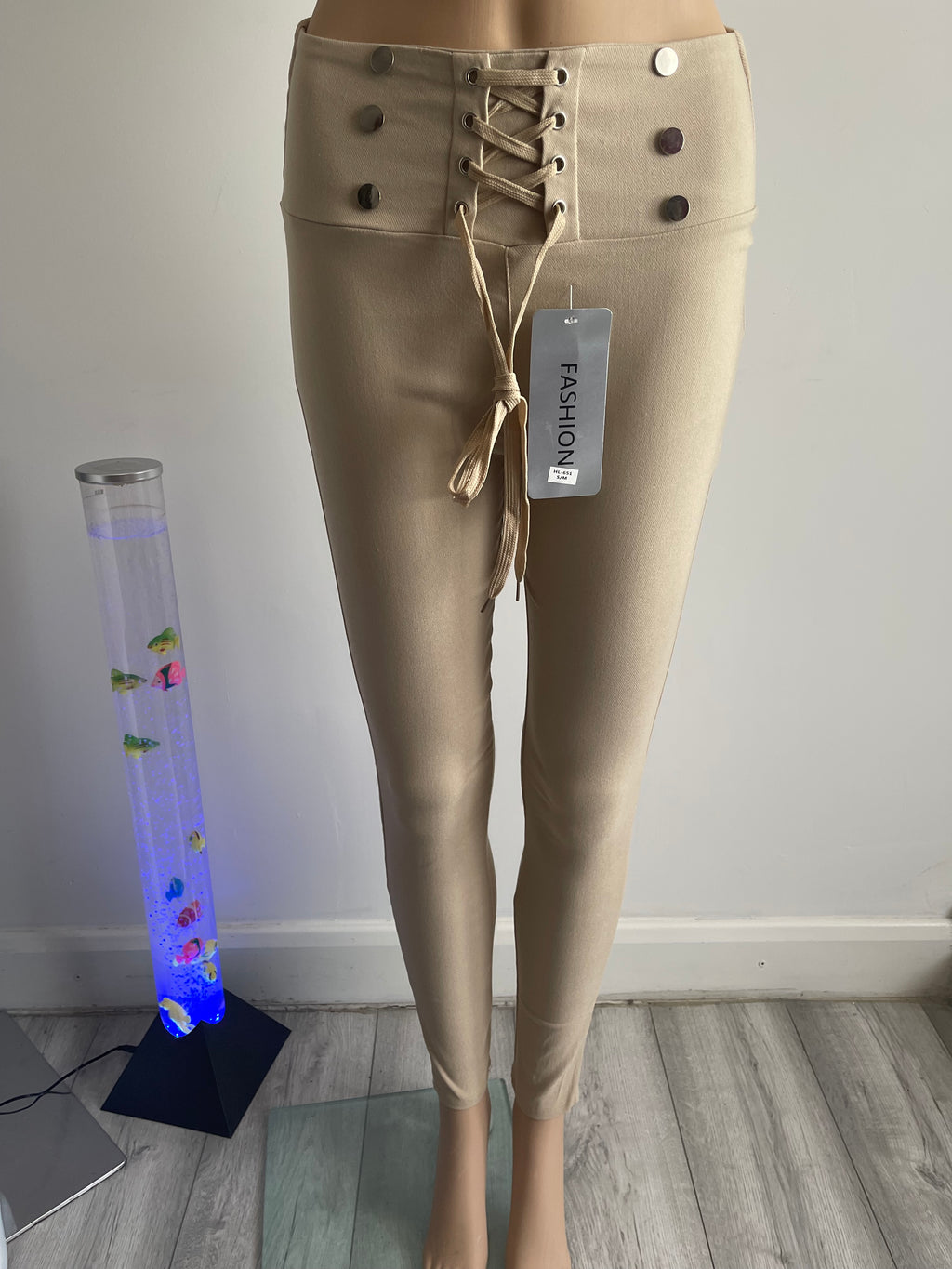 Women's Beige High Waist Lace-Up Trousers – Size S/M