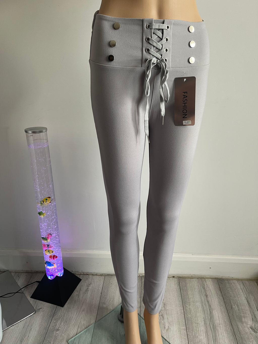 Women's Light Grey High Waist Lace-Up Skinny Trousers – S/M