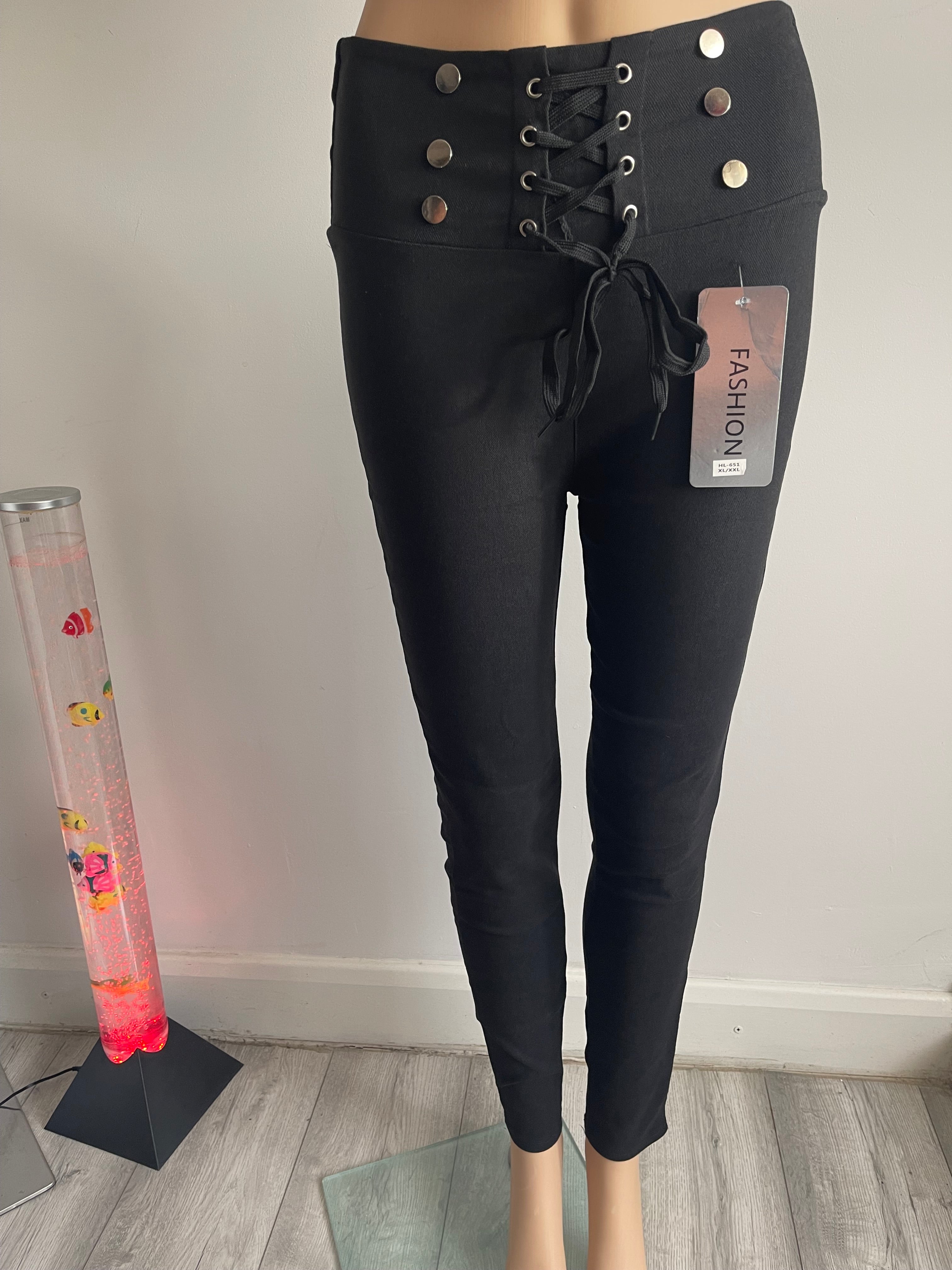 Women's Black High Waist Lace-Up Skinny Trousers – XL/XXL