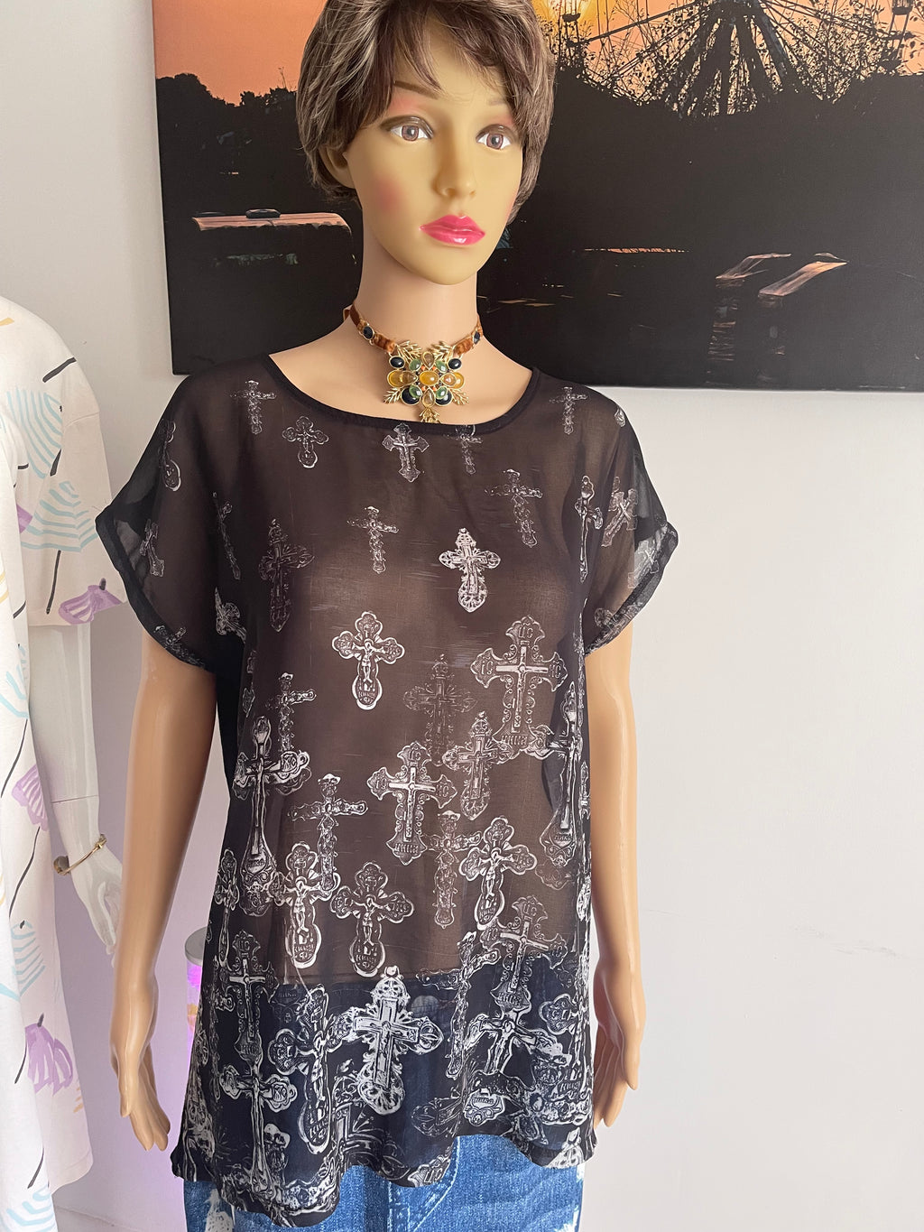 Look Women's Sheer Cross Print Top Black – UK 10