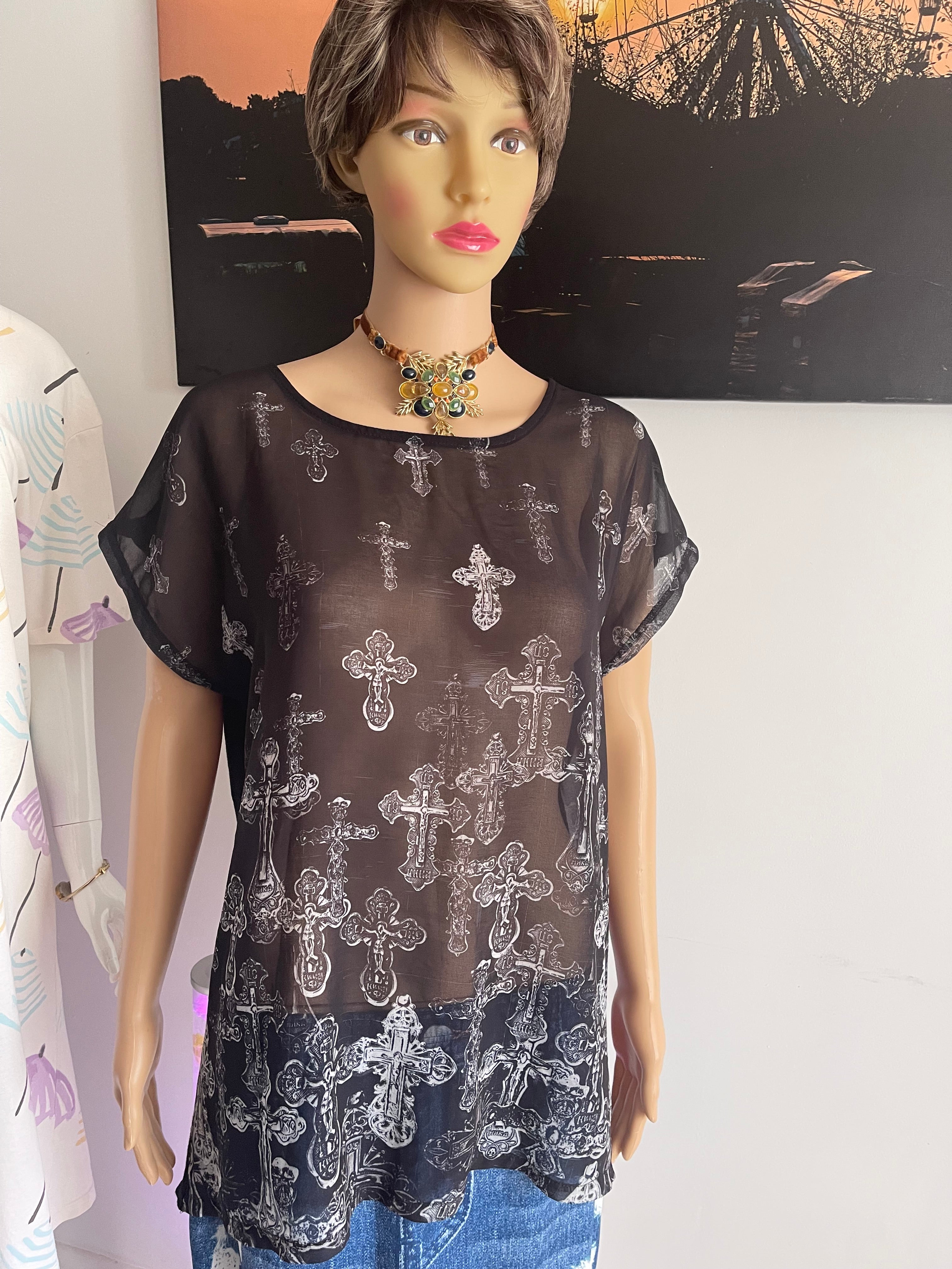 Look Women's Sheer Cross Print Top Black – UK 10