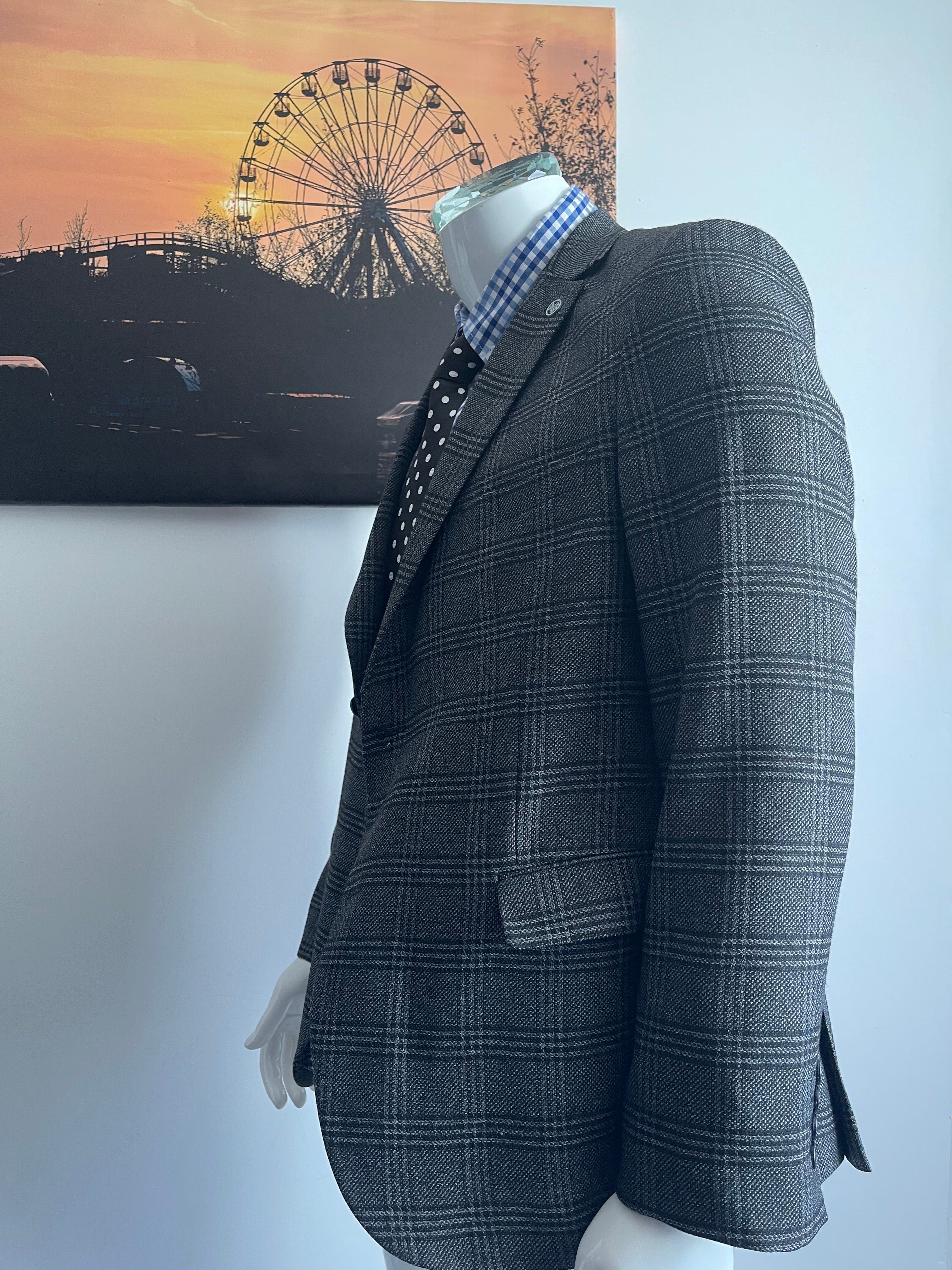 Albero Grande Wool Blend Check Blazer Size 52 Grey Made in Turkey