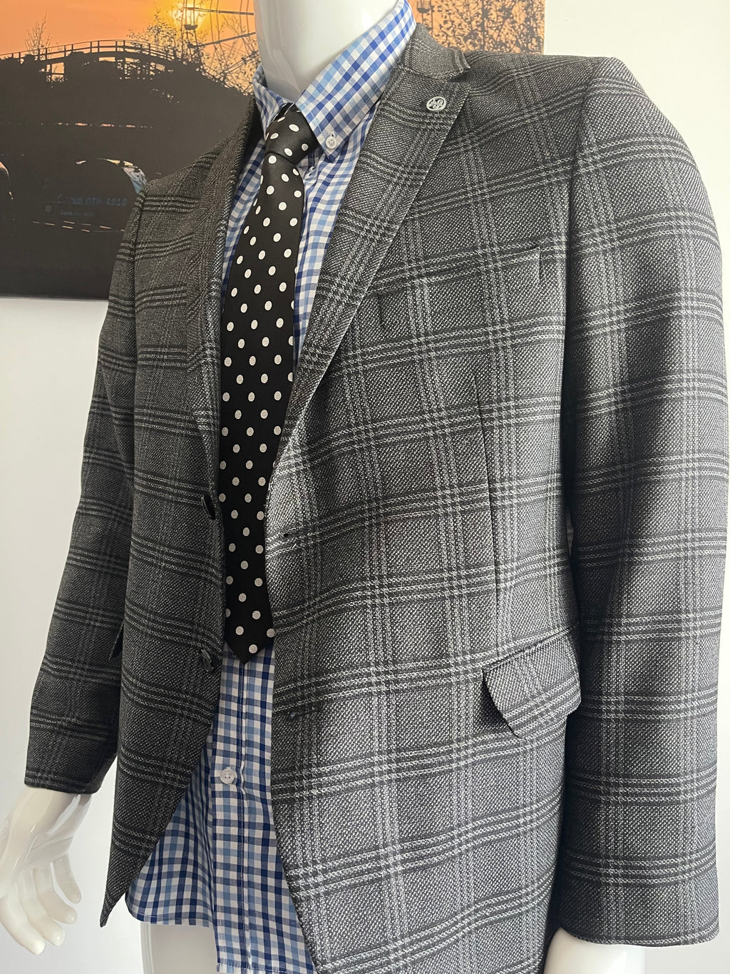 Albero Grande Wool Blend Check Blazer Size 52 Grey Made in Turkey