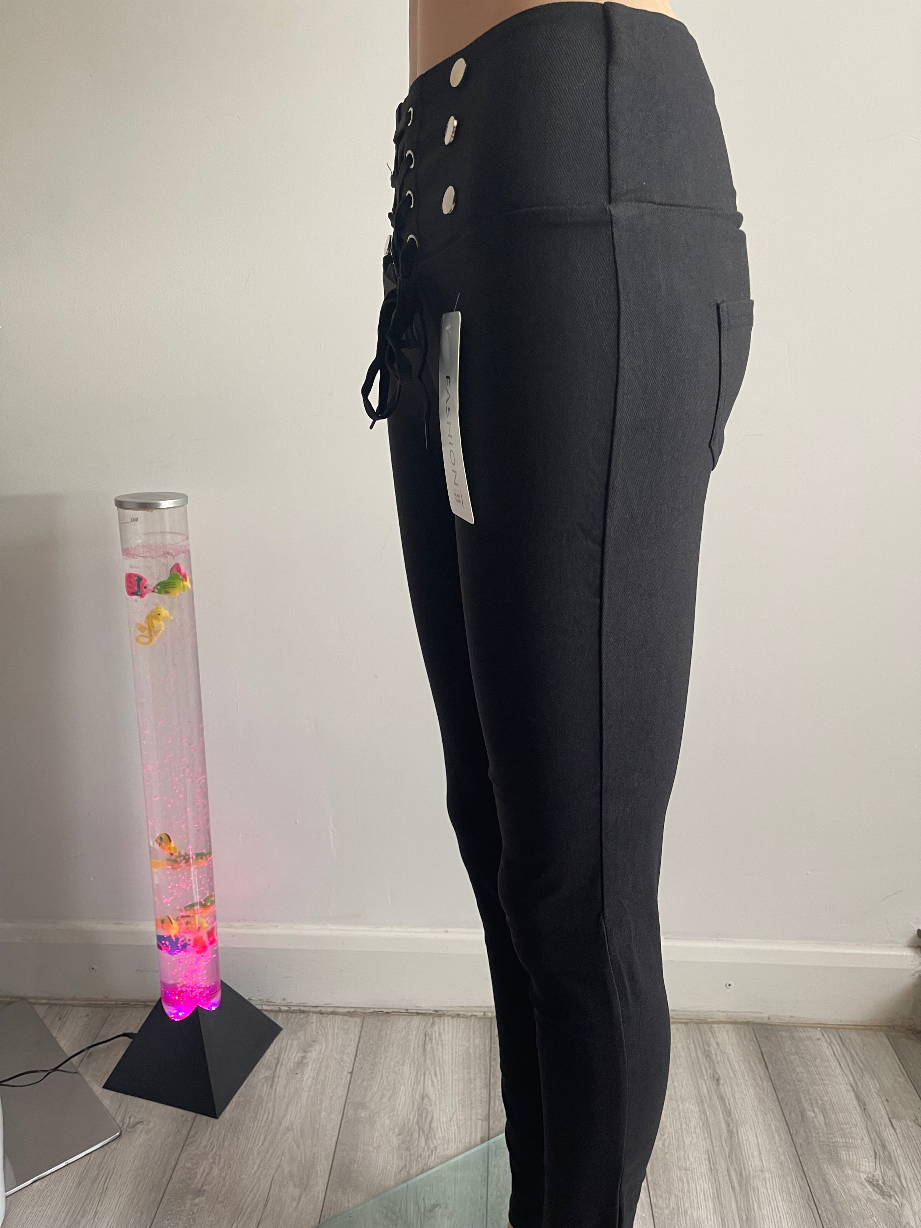 Women's Black High Waist Lace-Up Skinny Trousers – XL/XXL