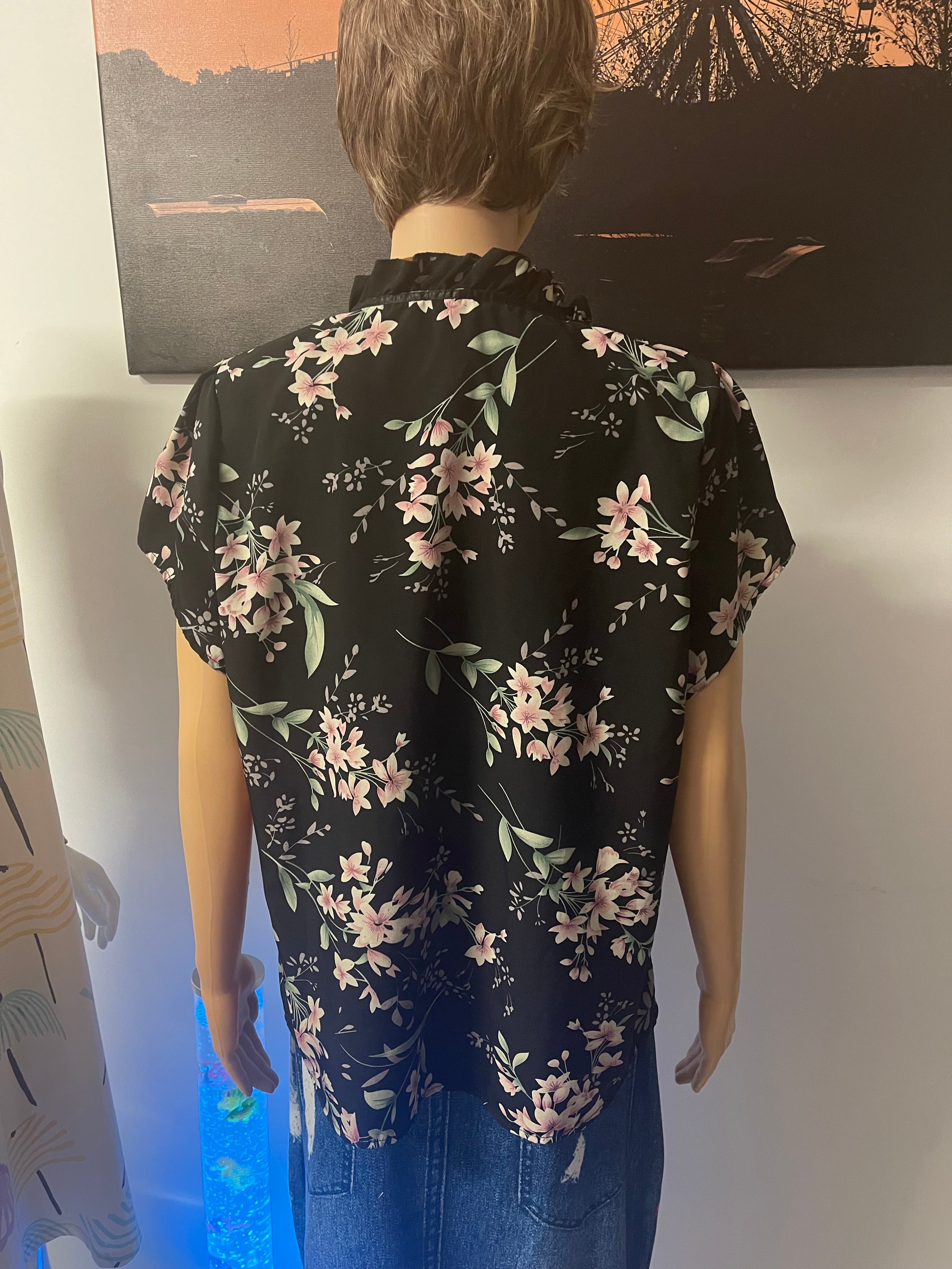 Women’s Floral Blouse – Size 12 – Black & Pink – Lightweight Summer Top