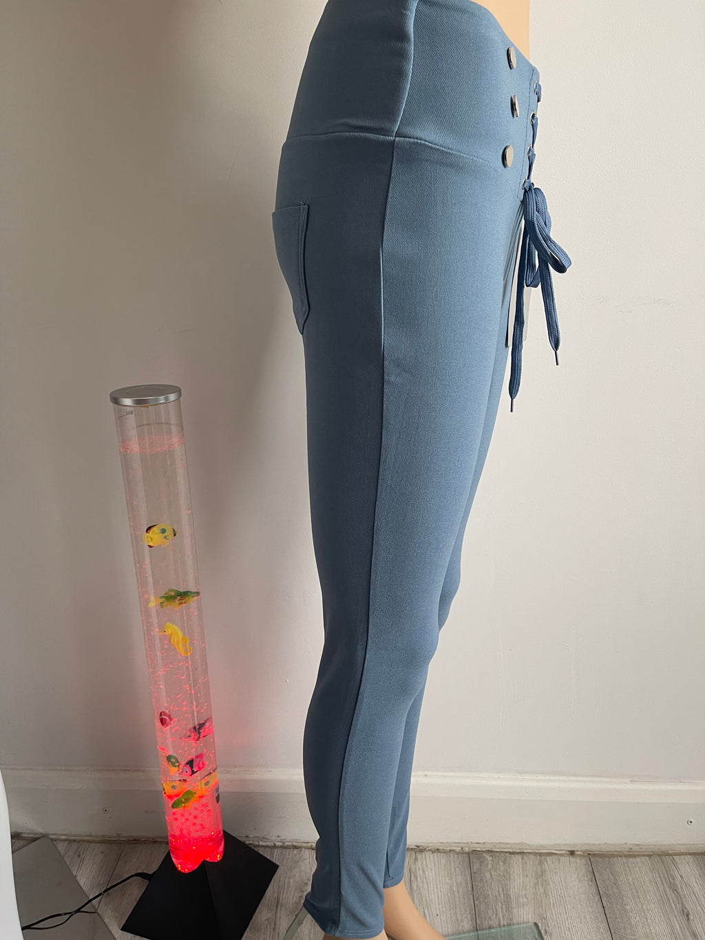 Women's Light Blue High Waist Lace-Up Skinny Trousers – S/M