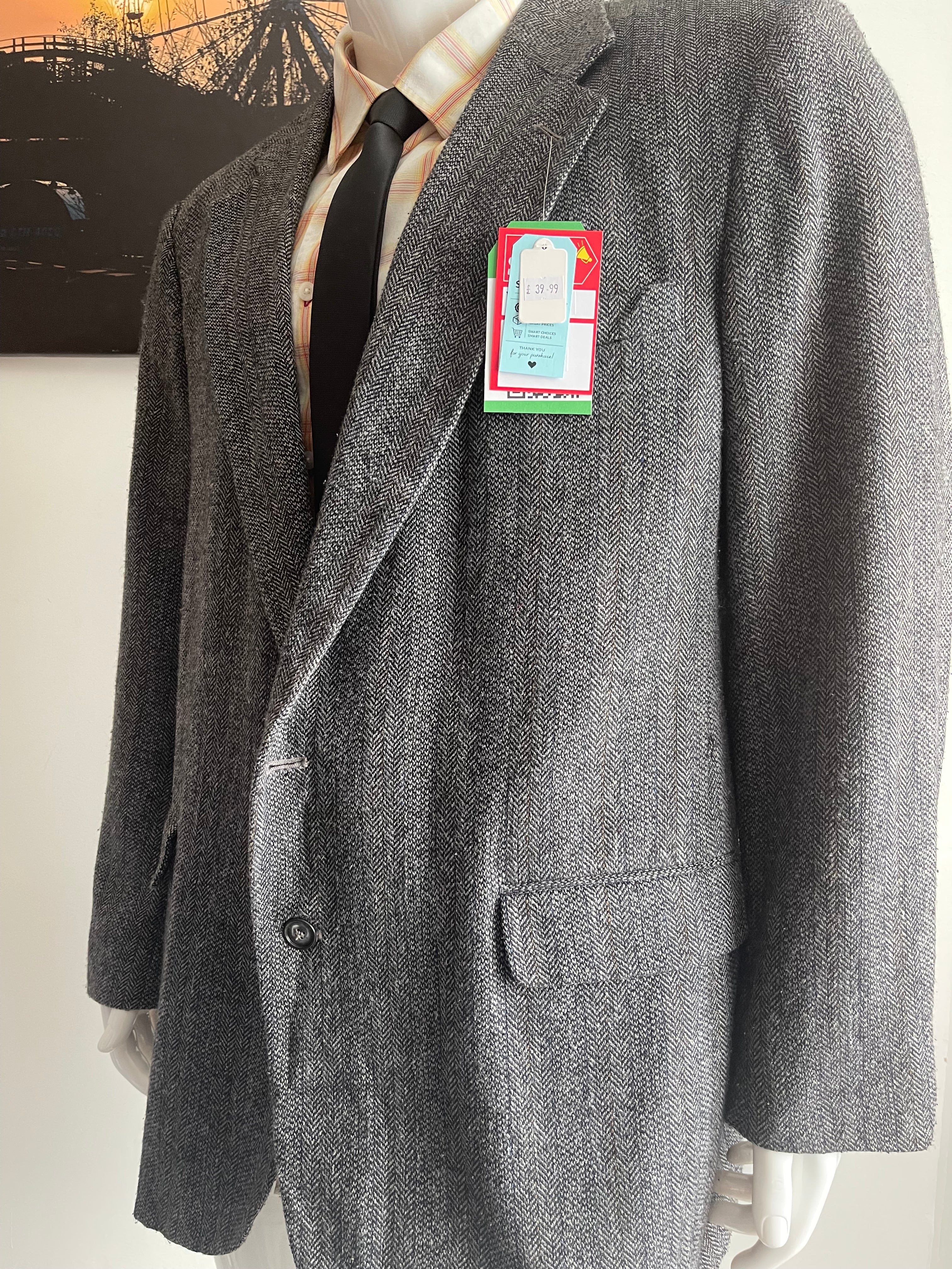 John Peel Ltd Vintage Herringbone Tweed Blazer Grey 46L XXL Mens Jacket