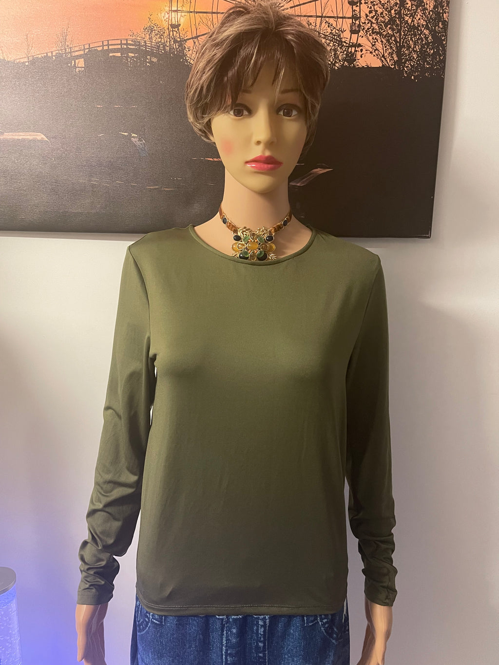💚 Papaya Women’s Long Sleeve Top – Khaki Green – Size M