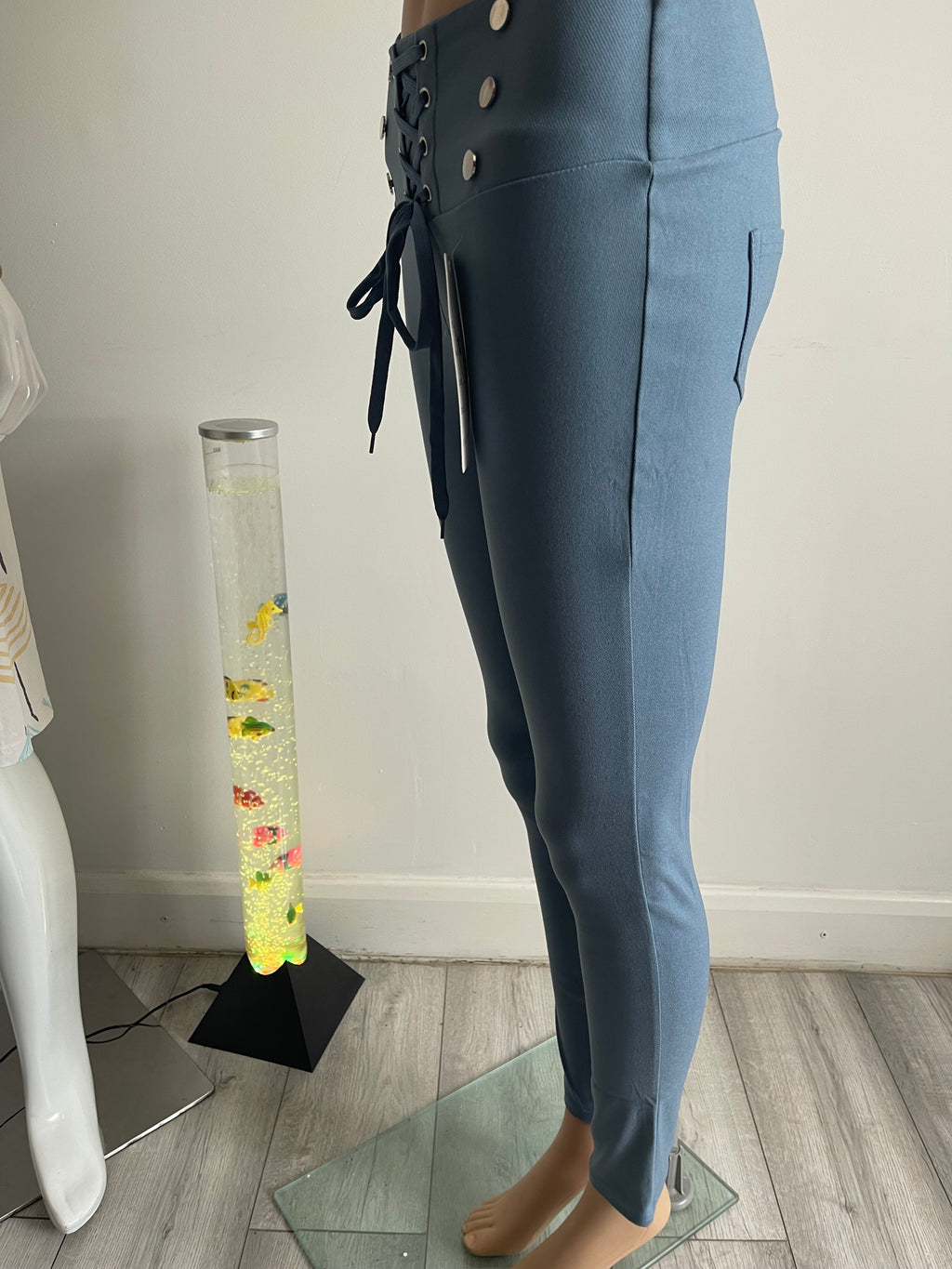 Women's Light Blue High Waist Lace-Up Skinny Trousers – S/M
