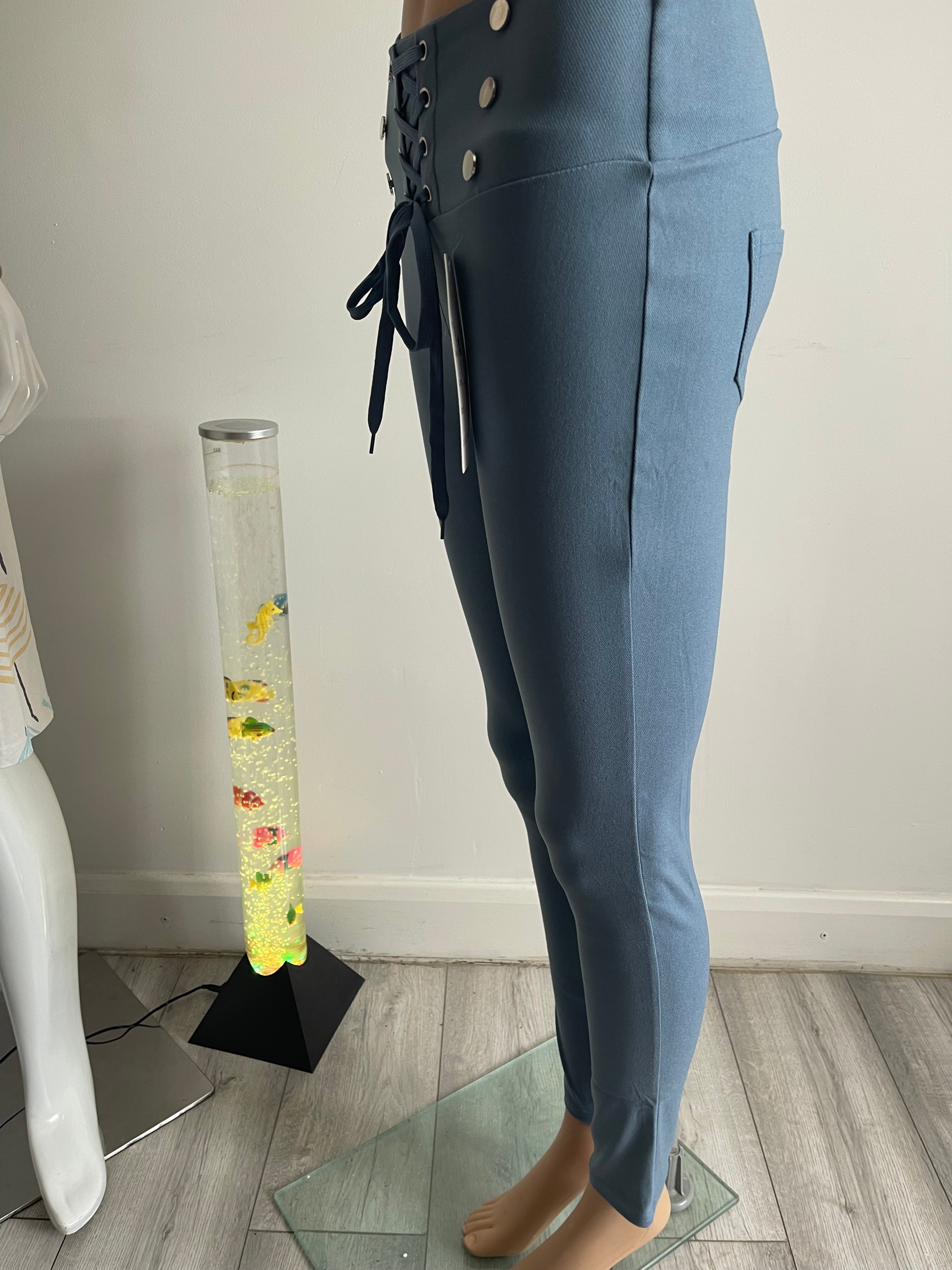 Women's Light Blue High Waist Lace-Up Skinny Trousers – S/M