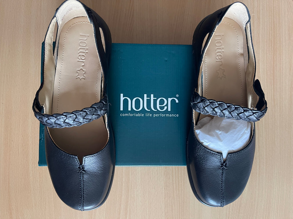 Hotter Shake Black Leather Mary Jane Shoes Size UK 6.5 Wide Fit – New