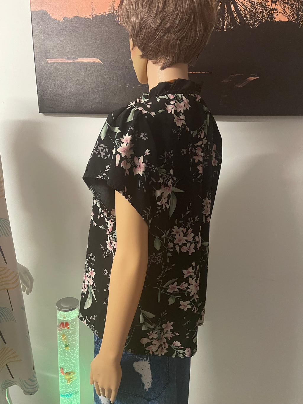 Women’s Floral Blouse – Size 12 – Black & Pink – Lightweight Summer Top