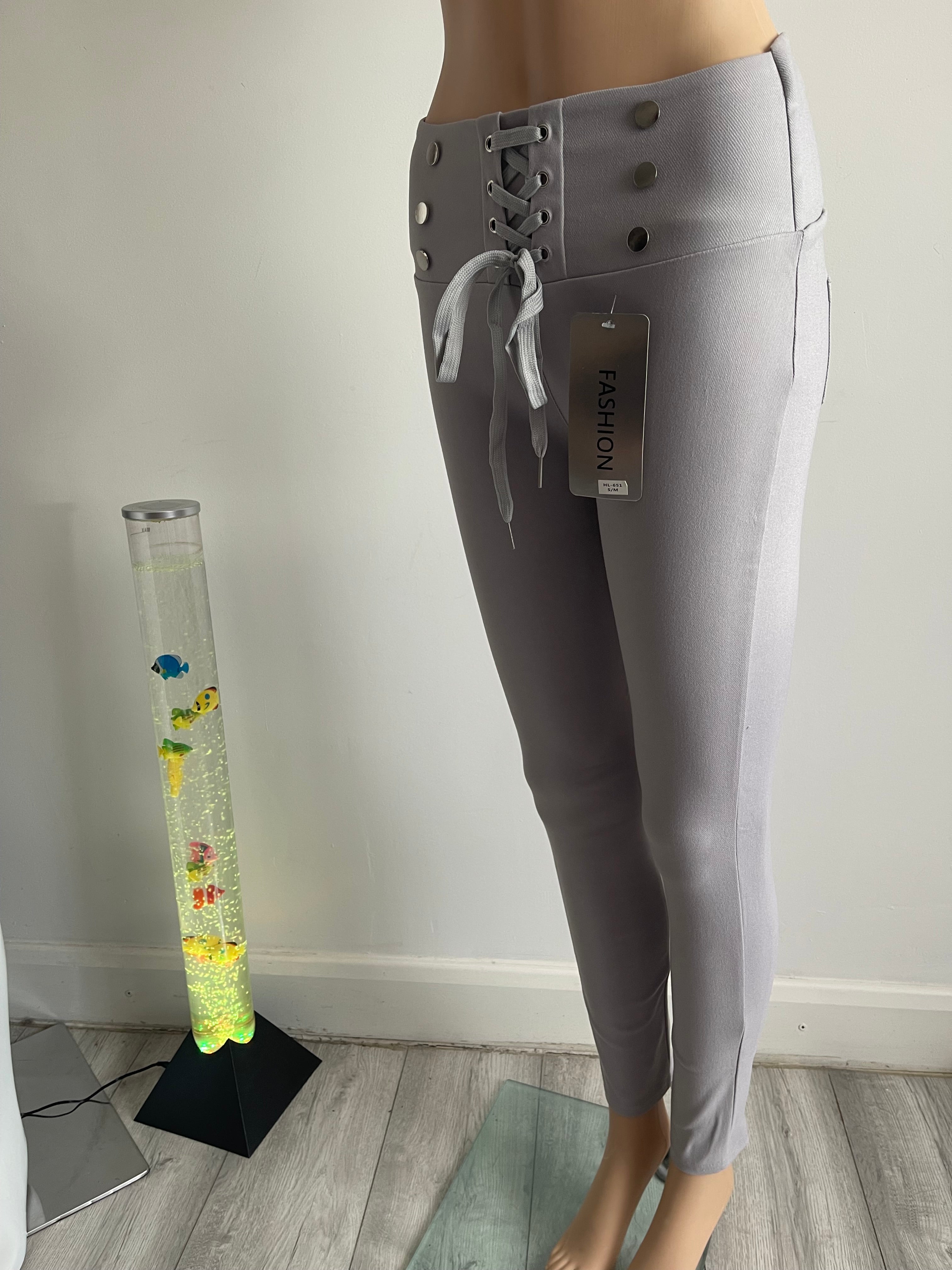 Women's Light Grey High Waist Lace-Up Skinny Trousers – S/M