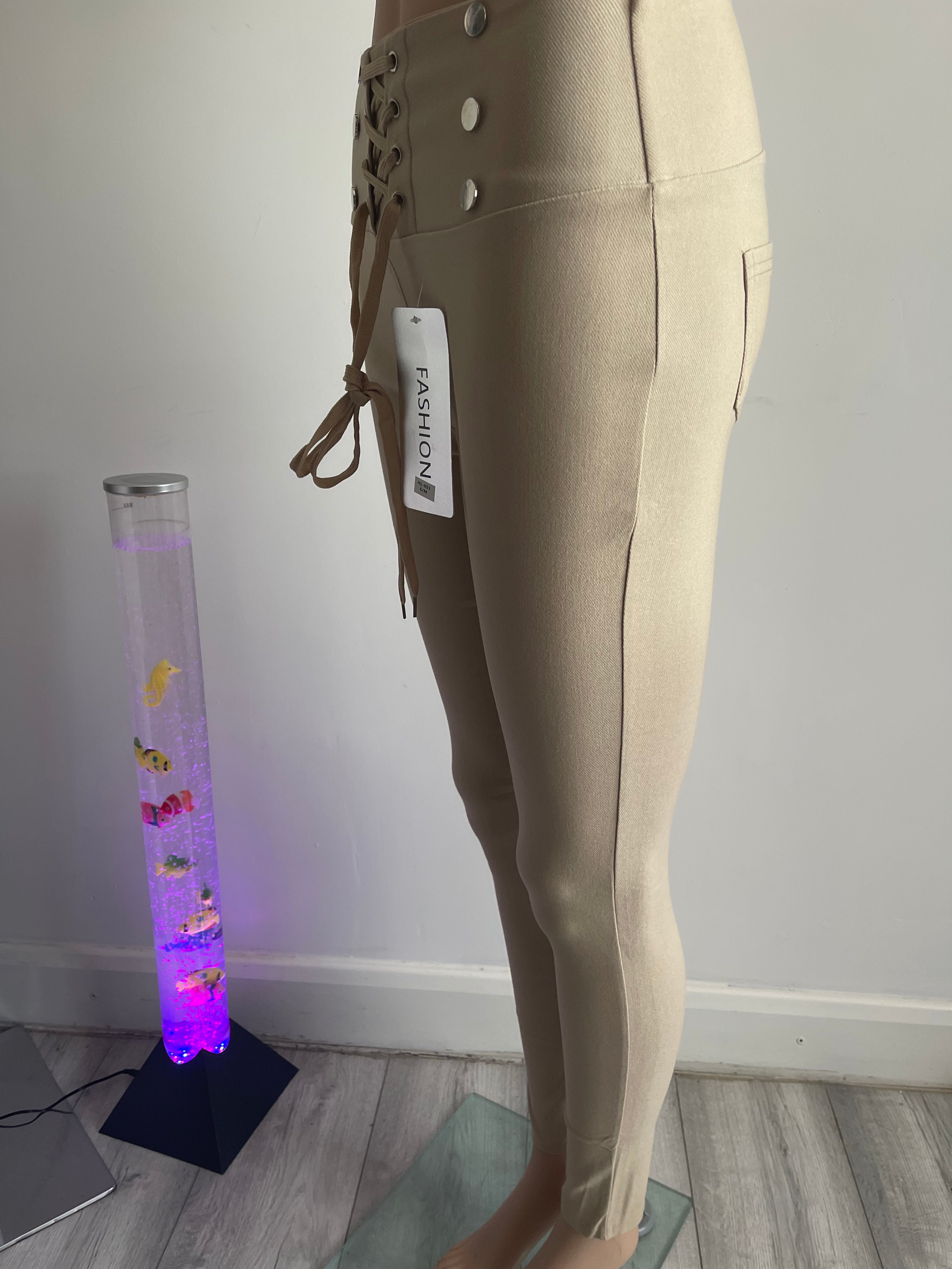 Women's Beige High Waist Lace-Up Trousers – Size S/M