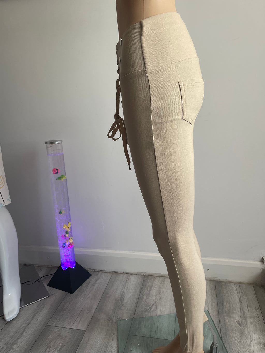 Women's Beige High Waist Lace-Up Trousers – Size S/M