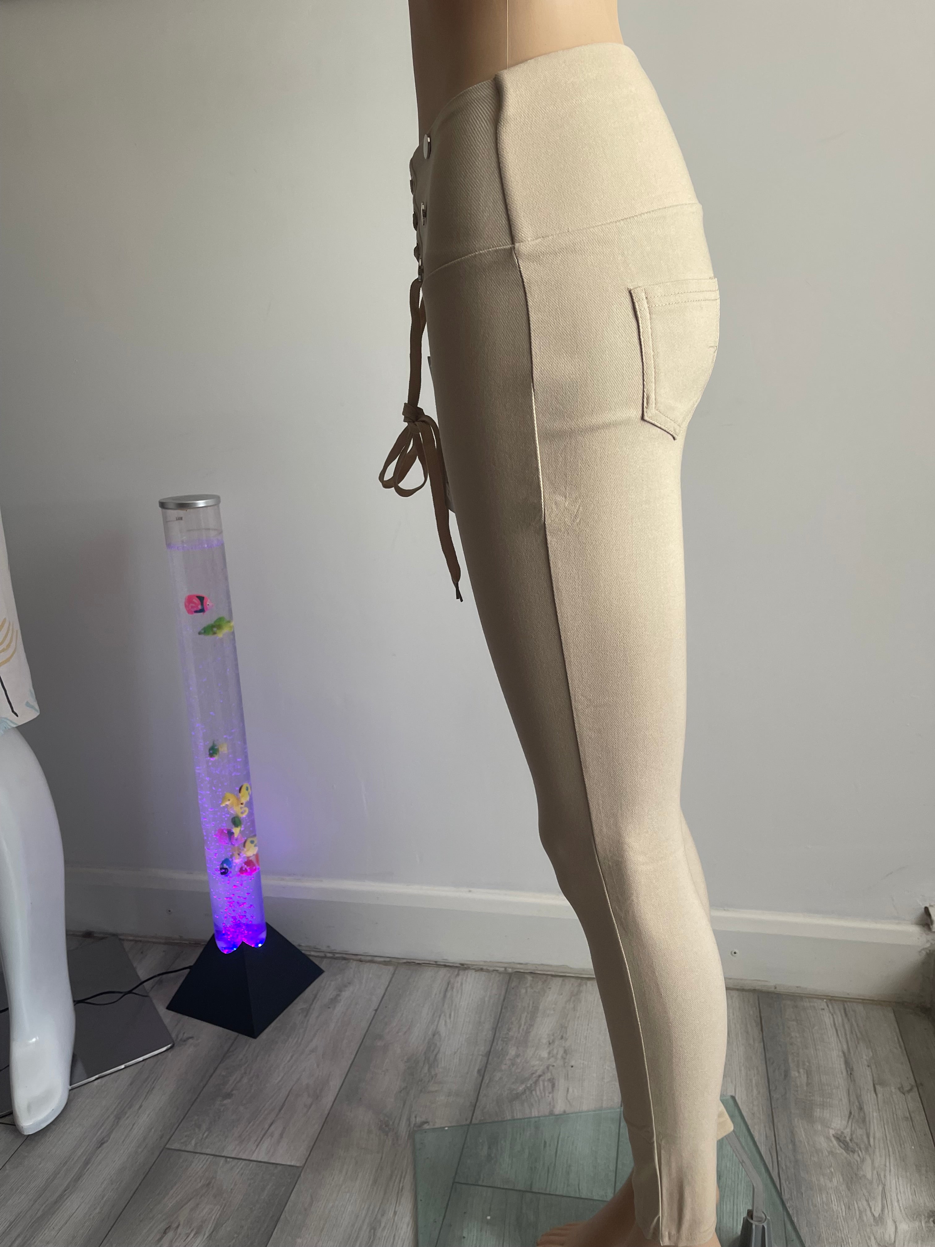 Women's Beige High Waist Lace-Up Trousers – Size S/M