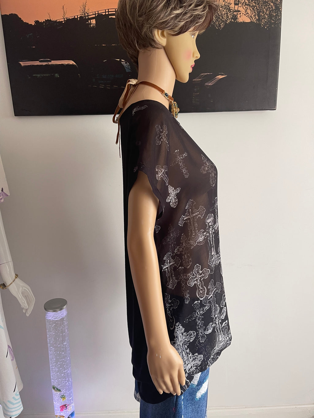 Look Women's Sheer Cross Print Top Black – UK 10
