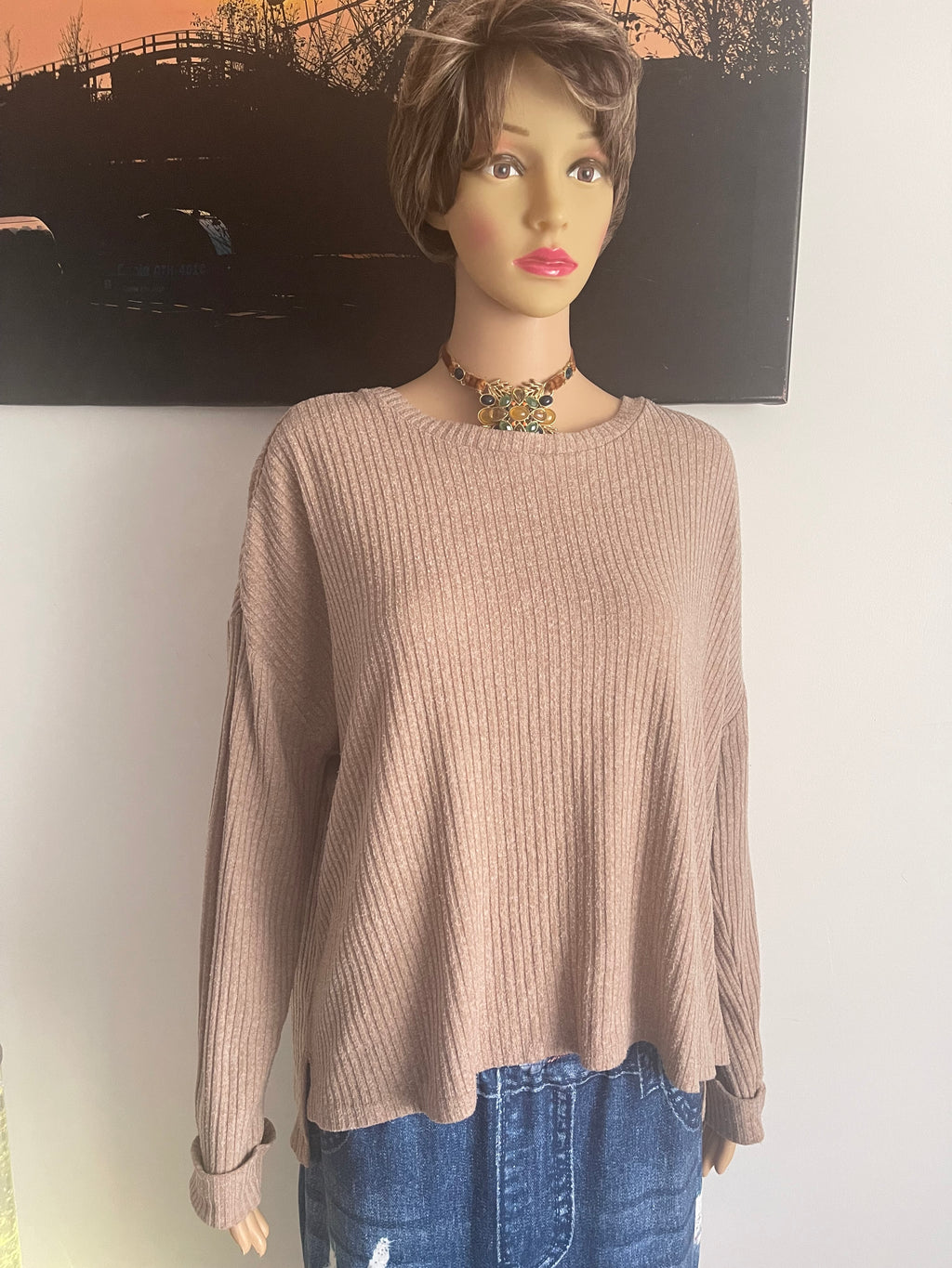 Primark Beige Ribbed Knit Jumper – Size L – Relaxed Fit